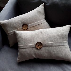 Set of Two Tan Linen Texture and Button Farmhouse Pillows